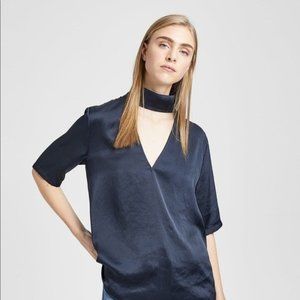 Theory Black Slit Collar V-Neck Crushed Satin Blouse Shirt Top
